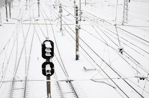 vinter- järnväg landskap, järnväg spår i de snötäckt industriell Land foto