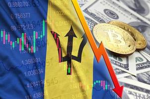 barbados flagga och kryptovaluta faller trend med två bitcoins på dollar räkningar foto