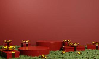 3d röd podium med röd gåva låda med guld band och guld jul dekoration på 3d tolkning foto