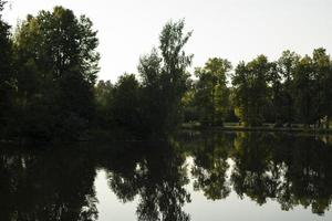 träd reflekterad i vatten. sjö i parkera. sommar damm i egendom. foto