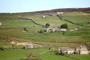 yorkshire dales vista med sten väggar och gårdar en blå himmel i de bakgrund foto