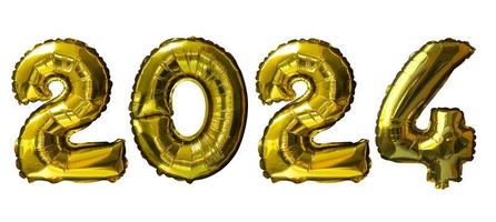 2024 gyllene siffra helium ballonger isolerat bakgrund. realistisk folie och latex ballonger. design element för fest, händelse, födelsedag, årsdag och bröllop. foto