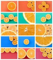 en collage av många bilder med saftig apelsiner. uppsättning av bilder med frukt och annorlunda färger foto