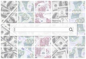 de Sök sträng är belägen på topp av collage av många bilder av euro sedlar i valörer av 100 och 500 euro liggande i de högen foto