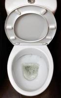en Foto av en vit keramisk toalett skål i de bearbeta av tvättning den av. keramisk sanitär gods för korrigera de behöver med ett automatisk rodnad enhet