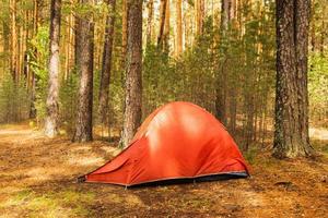 Sibirien, Ryssland. ett orange tält på en campingplats i en skog i en solig dag efter regn. foto