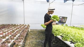 kvinna forskare undersöka grönsaker för kapsel fyllning. mat experimentera idéer för en bättre livsstilsselektiv fokus, kopia Plats. foto