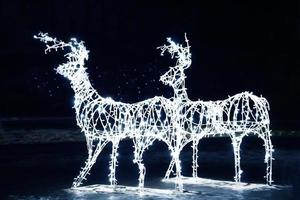 jul rådjur med lampor på svart bakgrund. ny år dekoration av de stad. foto
