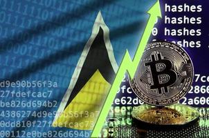 helgon lucia flagga och stigande grön pil på bitcoin brytning skärm och två fysisk gyllene bitcoins foto