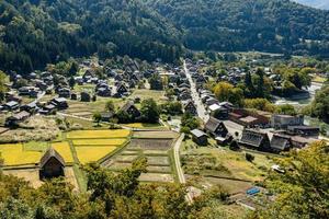 shirakawa historisk japanska. shirakawago by i höst från antenn se. hus bygga förbi trä- med tak gassho zukuri stil. shirakawa-go är unesco värld arv och landmärke fläck i japan foto