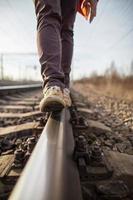 manlig fötter i gul stövlar promenad självsäkert längs de järnväg spår, mot en suddig bakgrund. farlig promenad. foto