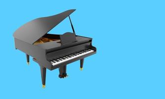 realistisk svart stor piano, musikalisk instrument. 3d tolkning. ikon på blå bakgrund, Plats för text. foto