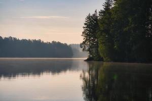 sten stenar med barrträd förbi de sjö i Sverige i smalland. vild natur i skandinavien foto