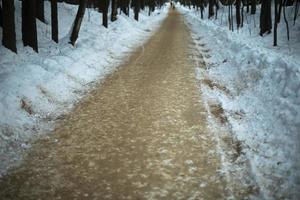 väg i parkera i vinter. sand på snö. sandströdd väg från is bildning. foto