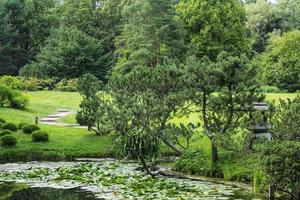 skön landskap se i japansk traditionell botanisk dekorativ trädgård. lugna natur scen av grön sommar sjö damm vatten och pagod lykta. zen, meditation, harmoni begrepp foto