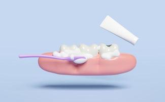 3d dental molar- tänder modell ikon med tandborste, tandkräm rör, tandkött, bubbla isolerat på blå bakgrund. dental undersökning av de tandläkare, hälsa av vit tänder, oral vård 3d framställa illustration foto