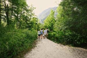 tillbaka av familj med fyra barn i triglav nationell parkera, slovenien. foto