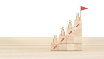 framgångsrik ledare koncept.trä blockera stapling som steg trappsteg med trä docka modell på vit bakgrund. 3d illustration. foto