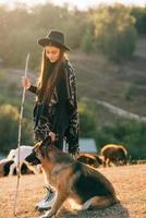 kvinna herde med en hund betar en flock på de gräsmatta foto