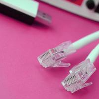 internet router, bärbar uSB Wi-Fi adapter och internet kabel- pluggar lögn på en ljus rosa bakgrund. objekt nödvändig för internet foto