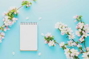 blomning vår sakura på en blå bakgrund med anteckningsblock Plats för en meddelande. låg kontrast foto
