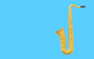 gul saxofon, musikalisk instrument. 3d tolkning. ikon på blå bakgrund, Plats för text. foto