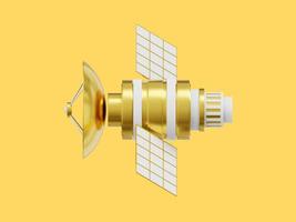 Plats satellit med ett antenn. orbital kommunikation station intelligens, forskning. 3d tolkning. realistisk guld ikon på gul Färg bakgrund foto