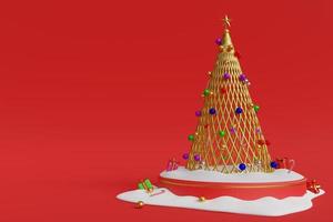 3d illustration röd bakgrund scen attrapp av elegant jul och Lycklig ny år podium för visning kosmetisk Produkter podium eller skede vinter- Semester firande jul träd snö gåva guld foto