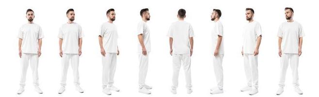 man bär vit kläder med en tom Plats för design isolerat på vit bakgrund foto