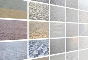 en collage av många bilder med fragment av stenläggning plattor närbild. uppsättning av bilder med trottoar sten foto