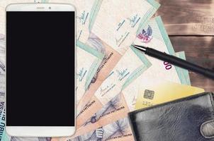 1000 indonesiska rupiah räkningar och smartphone med handväska och kreditera kort. e-betalningar eller e-handel begrepp. uppkopplad handla och företag med bärbar enheter foto