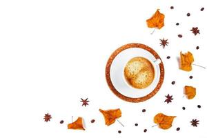 vit kopp av kaffe omgiven förbi löv och stjärna anis. foto