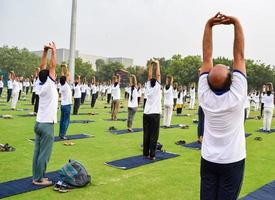 grupp yoga övning session för människor av annorlunda ålder grupper på cricket stadion i delhi på internationell yoga dag, stor grupp av vuxna delta yoga session foto