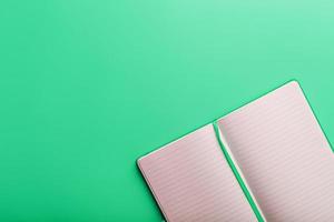 öppen anteckningsbok, en bok med tom och tom sidor på en grön bakgrund, topp se. foto