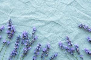 lavendel- blommor och löv kreativ ram på en textil- bakgrund foto