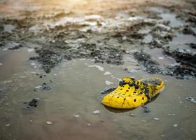 mycket smutsig gul sko på de Strand av en salt sjö på en solig dag. foto