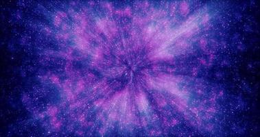 lila och blå skön ljus lysande skinande stjärna partiklar flygande i de galax i Plats energi magi med fläck och bokeh zoom effekt. abstrakt bakgrund, intro foto