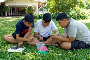 asiatisk pojke och vänner sitta tillsammans i grupper på de gräs och hjälp identifiera arter. och typer av organismer hittades i gemenskap vatten källor. de begrepp av inlärning vetenskap utanför de klassrum. foto