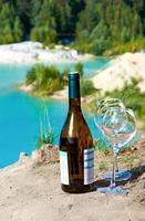en flaska av vin och glasögon på de Strand av de blå bukt. de begrepp av en resten och en picknick och en romantisk kväll foto