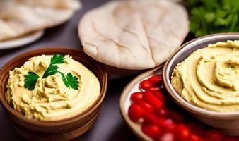 friska mat. traditionell nyligen tillverkad organisk hummus. foto