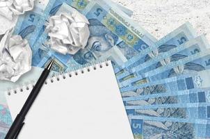 5 ukrainska hryvnias räkningar och bollar av skrynkliga papper med tom anteckningsblock. dålig idéer eller mindre av inspiration begrepp. sökande idéer för investering foto