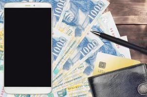 1000 ungerska forint räkningar och smartphone med handväska och kreditera kort. e-betalningar eller e-handel begrepp. uppkopplad handla och företag med bärbar enheter foto