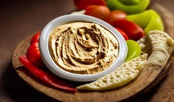 friska mat. traditionell nyligen tillverkad organisk hummus. foto