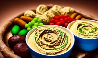 friska mat. traditionell nyligen tillverkad organisk hummus. foto