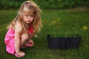 en liten bebis flicka sitter på de gräs . kopia Plats foto