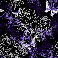 sömlös mönster av vit grafisk ro och lila fjärilar på en svart bakgrund, text, design foto