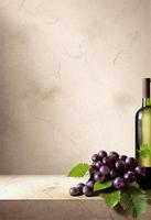 vin flaska med vindruvor på naturlig sten bakgrund. produkt presentation foto