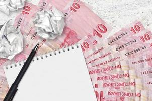 10 turkiska liras räkningar och bollar av skrynkliga papper med tom anteckningsblock. dålig idéer eller mindre av inspiration begrepp. sökande idéer för investering foto