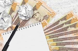 20 Dominikanska peso räkningar och bollar av skrynkliga papper med tom anteckningsblock. dålig idéer eller mindre av inspiration begrepp. sökande idéer för investering foto