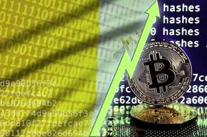 vatican stad stat flagga och stigande grön pil på bitcoin brytning skärm och två fysisk gyllene bitcoins foto